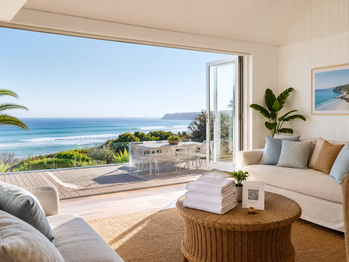 Freshly cleaned beach holiday home with ocean view, towels and TipTheMaid QR card